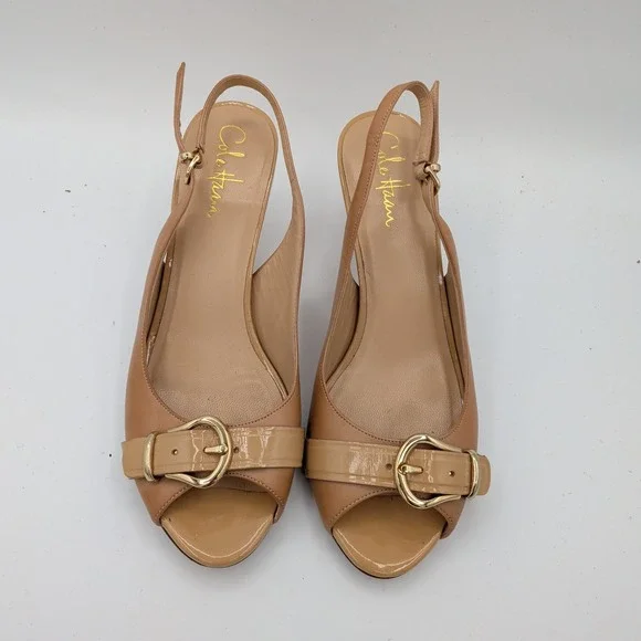 Cole Haan Nike Air Tan Leather Slingback Peep Toe Buckle Pumps D34253 Womens 8B - Picture 4 of 8